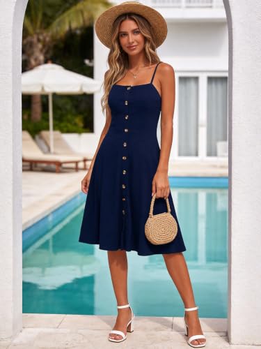 Image of Berydress Women's Casual Beach Summer Dresses 2026 Solid Cotton Flattering A-Line Spaghetti Strap Button Down Midi Sundress