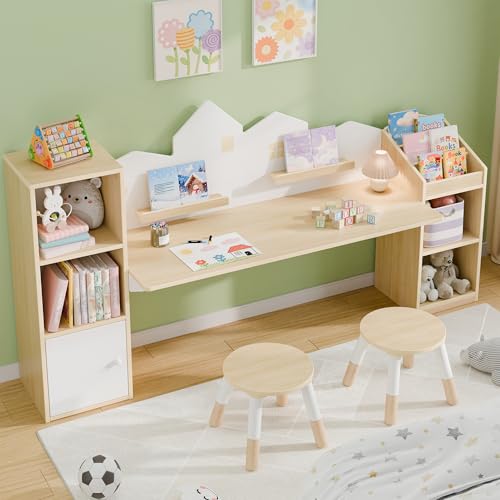 Xilingol Kids Desk with Bookshelves and 2 Stools, Wooden Kids Desk and Chair Set with 5 Storage Cabinets, Children Writing Drawing Table, Student Kid Study Table for Ages 3-8, Bedroom,71",Boys, Girls