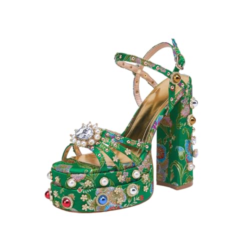 Feinlina Women Rhinestone High Chunky Platform Open Toe Block Heels Gems Detail Fashion Green Pink Floral Print Embroidery Ankle Strap Dress Wedding Party Pump Sandals