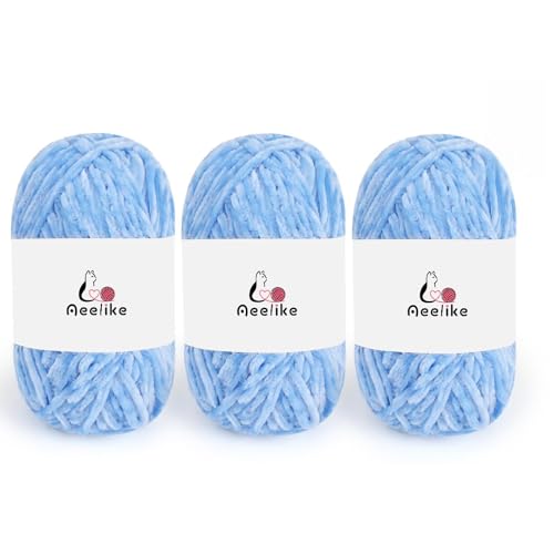 Image of Aeelike 3 Pack Chenille Yarn,Soft Polyester,Each 100g /10.5oz 197yds,SkyBlue | 4 Medium Velvet Yarn,Easy for Beginners Crocheting Animal,with How to See Stitchs Tutorial Video,Ideal Crochet Craft Gift