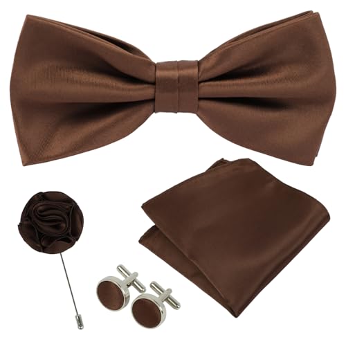 PAPA LEGGENDA Pre-tied Bow Tie and Pocket Square Cufflinks Set 4PCS Solid Color Coffee Brown for Wedding and Formal Events