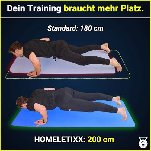 Fitnessmatte 200cm extra lang rutschfest – Yogamatte & Sportmatte XL 2m groß aus Premium TPE für Home Workout & Gymnastik | Trainingsmatte für Zuhause mit Tragegurt – HOMELETIXX