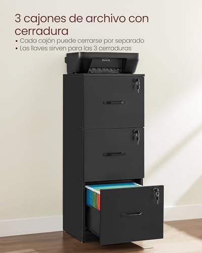 Miniatura 6 de Vasagle Armario De Oficina, Archivador Para Documentos, Soporte Para Impresora Con 3 Cajones Bloqueables, Riel Ajustable, Para Formato A4 Y Cartas, Negro Tinta Ofc055b16