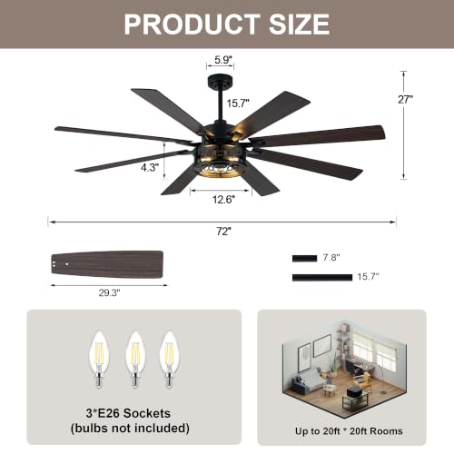 Image of 72 Inch Farmhouse Ceiling Fan with Lights Remote Rustic Fandelier | Black Caged Fandalier Ceiling Fan Industrial Large Chandelier, Reversible 6 Speed 8 Dual Blades 3 E26 Sockets for Living Room