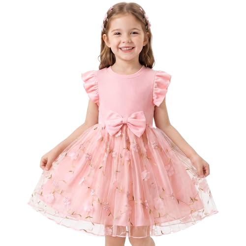 JinBei Robes Filles Princesse Robe Manches Volantes Robe en Tulle Fille Broderie Florale Bowknot Été Bébé Enfants Vetement pour Mariage Anniversaire Fête...