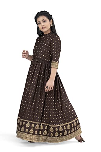 Image of Fashion Dream Girls Dola Silk Maxi Length Flared Foil Printed Dress|Maxi Dress|Long Dress|Printed Dress|Printed Maxi Dress(Brown 11-12 Year)