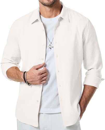 JMIERR Mens Fashion Shirt Waffle Button Up Shirts for Men White Long Sleeve Shirt Polyester Bussiness Shirt, L