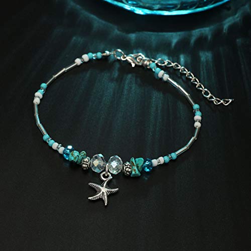 Image of Softones Blue Starfish Turtle Anklet Multilayer Charm Beads Sea Handmade Boho Anklet Foot Jewelry for Women