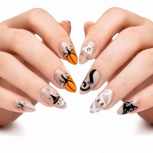 Halloween Press on Nails Cute kitten with Ghost Design 30Pcs