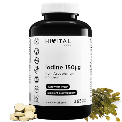 Yodo Natural 150 mcg. 365 comprimidos veganos para 1 año de tratamiento. Iodo procedente de Alga Kelp Ecológica (BIO) Ascophyllum Nodosum. Fabricado en España por HIVITAL