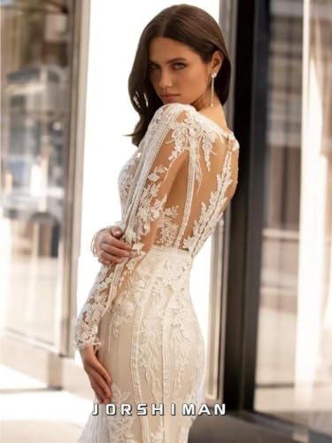 Mermaid Wedding Dresses for Bride 2025 V Neck Boho Bridal Gowns Elegant Lace Beach Bridal Gown with Long Sleeves4