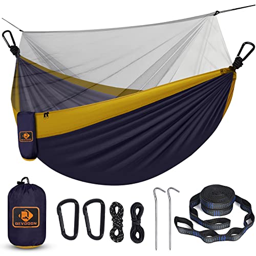 Image of Camping Hammock with Net,Portable Lightweight Double Hammocks with Tree Straps and Solid D-Shape Hanging Hooks,Parachute Nylon Hammock for Backpacking Beach Backyard Patio Hiking