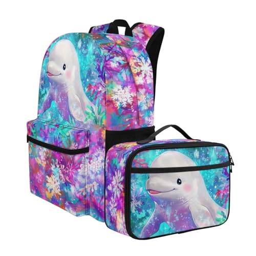 Beluga Whale Flowers Print Vibrant Animal Pattern Kids Backpack Set 2pcs School Bookbag with Lunch Box for Boys Girls2
