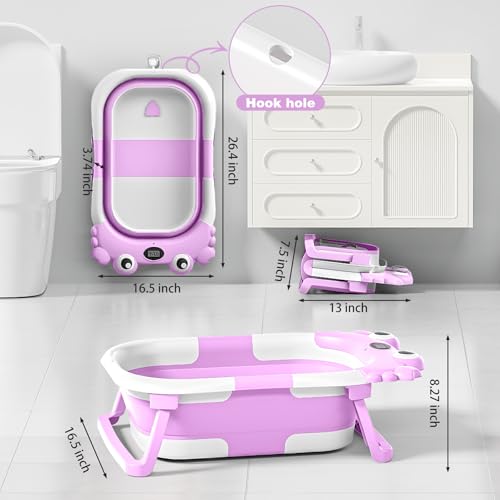 Image of Collapsible Baby Bathtub for Newborns with Thermometer and Soft Floating Cushion Portable and Foldable Travel Baby Bath Tub for Infants to Toddler 0-36 Month (Purple)