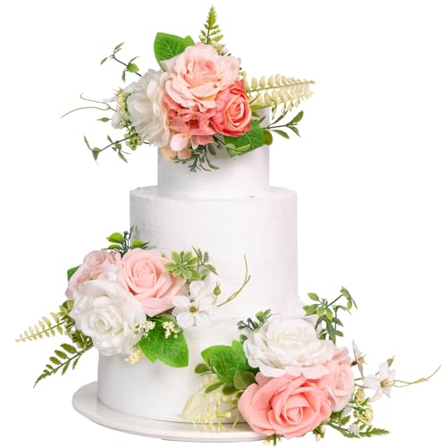 TINGE TIME 3Pcs Pre-made Cake Toppers，Silk Artificial Flowers Decor，Cake Decorations for Weddings, Birthdays, Party,Baby Shower,Celebration (PeachPink&White)