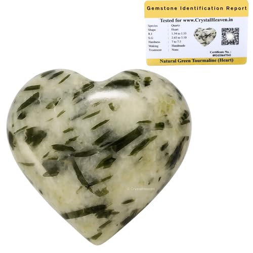 Image of Crystal Heaven Certified Green Tourmaline In Quartz Heart Palm Pebbles Stones Anxiety Stress Relief Massage - Aaa Grade Original Healing Gemstone Agate Heart Palm Stone Yoga Meditation Spiritual