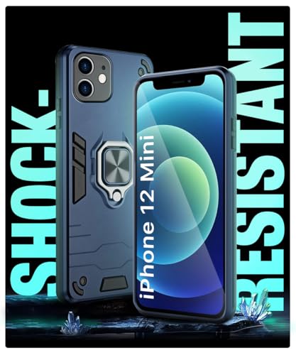 Image of WOW IMAGINE Shock Proof Back Case Mobile Cover for iPhone 12 Mini | Back Cover Case (Tough Armor | Hybrid PC + TPU | Ring Holder & in-Built Kickstand | Blue)