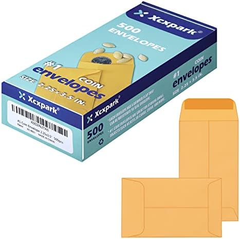 Xxcxpark 500 PCS #1 Coin Envelopes, 2-1/4” x 3-1/2” inches Brown Kraft Envelopes Classic Small Parts Envelopes with Self Adhesive Gummed Flap for Coins, Cash, Credit Cards, Seeds