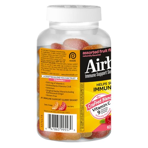 Image of Airborne 500mg Vitamin C + Zinc Immune Support Supplement Gummies for Kids, Assorted Fruit Flavor, Gluten Free Crafted Blend with Powerful Antioxidants Vitamins C & E, 63 Gummies (4 Pack)