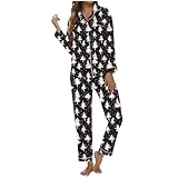 Conjunto de pijama de manga larga con bolsillo y botones para mujer, diseño de árbol de Navidad 2026, Negro, XL