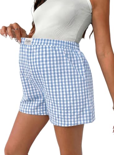 BLENCOT Women Casual Shorts for Maternity Cotton Elastic Waisted Wide Leg Plaid Checkered 2026 Fashion Grid Pregnancy Shorts Trousers Beau Blue 2XL