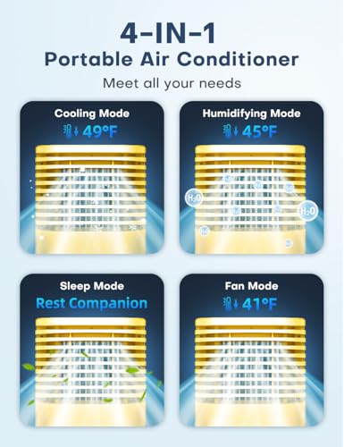 Image of 4-IN-1 Portable Air Conditioners, Evaporative Air Cooler w /4 Modes & 3 Speeds, 15H Timer for Smart Auto-off, 2-Gal Tank for 20H Cooling,17FT Remote,No Hose Needed - Gold