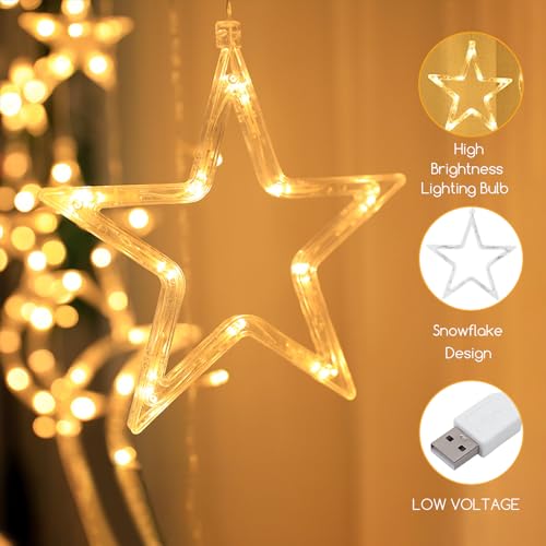Jsdoin Ramadan LED String Lights - 3.5m Star Moon LED Curtain Lights with 8 Flashing Modes Decoration for Christmas, Wedding, Party, Home, Terrace, Ramadan,Lawn,USB/Battery Powered (Warm White) - Image 5