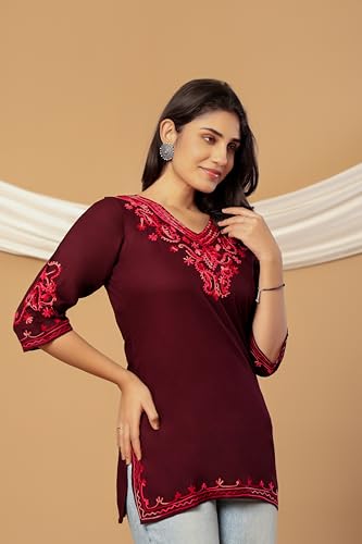 Image of Rayon Kashmiri Embroidered Short Kurti for Women | V-Neck Tunic Top with 3 /4 Sleeves | Floral Design Indo-Western Kurti for Jeans & Leggings