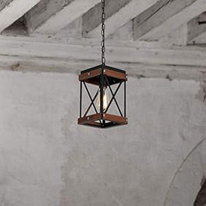 Fivess Lighting Rustic Farmhouse Pendant Light with Wood and Metal Cage One Light Adjustable Chains Industrial Mini Pendant Lighting Fixture for Kitchen Island Cafe Bar Black
