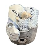 Danielstore Canastilla Bebé Personalizada | Set Regalo para Recién Nacido, 50% algodón 50% poliéster | Incluye Manta, dou dou, Toalla baño, Babero Azul