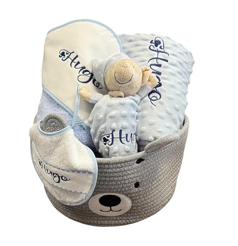Danielstore Canastilla Bebé Personalizada | Set Regalo para Recién Nacido, 50% algodón 50% poliéster | Incluye Manta, dou dou, Toalla baño, Babero Azul