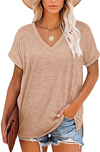 FANGJIN Tunika Damen Sommer Tshirt Kurzarm Shirts V Ausschnitt Oberteil...