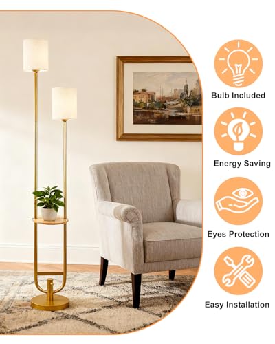 Image of Lightdot 63Inch Floor Lamp Dimmable Gold Floor Lamp with 5Lbs Heavy Base for Living Room 2-Light Mid Century Modern Tall Standing Lamp with Table for Bedroom /Sofa Beside /Corner Decor(Bulbs Included)