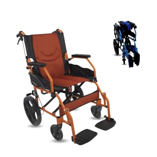 Mobiclinic, Modell Pirámide, Faltrollstuhl, tragbarer Transit-Rollstuhl, mit kleinen Rädern, Aluminium, Schwarz und Orange, Sitzbreite 41 cm