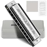 SWAN Blues Harmonica C Key for Kids Adults, 10 Hole Diatonic Harmonica Key of C Brass Reed Blues Harp for Beginners Students, Metal Mouth Organ in Stainless Steel C Major, Black Swan Polished Silver