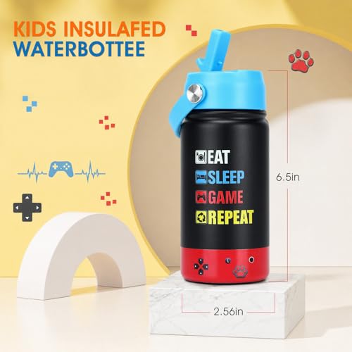 Image of Kids Insulated Water Bottle with Straw Lid, 14oz Double Wall Vacuum Stainless Steel Tumbler, Leak Proof Reusable Metal School Cup for Boys Girls, Keep Cold 24H Hot 12H (Blue-Red-EAT)