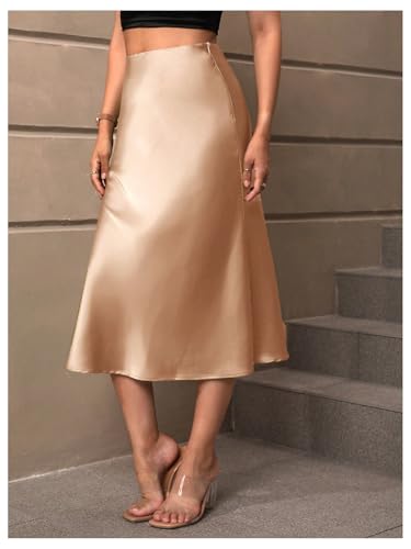 Verdusa Women's Satin Summer Skirts Elegant High Waisted Flared Hem Midi Skirt4