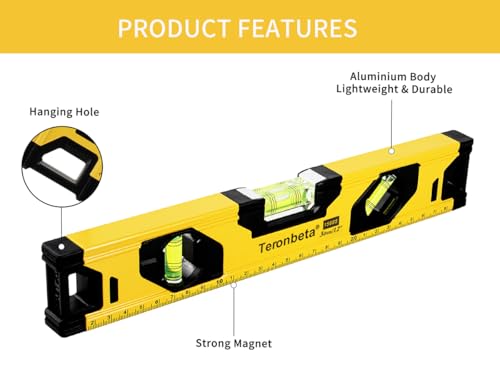 Image of Aluminium Alloy Spirit Level 300 mm /12 Inch Shock Proof Torpedo Level with Magnetic Base and 3 Bubble 45,90,180 - Yellow /Black