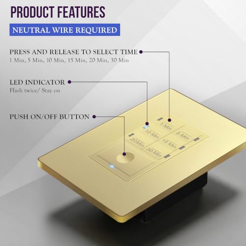 Image of ENERLITES 30-Minute Neutral Countdown Wall Switch Timer, Gold