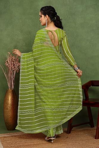 Image of MIRCHI FASHION Saree for Woman Georgette Solid with Satin Stripes | Stone Border Farewell and Ceremonial Sari with Blouse Piece