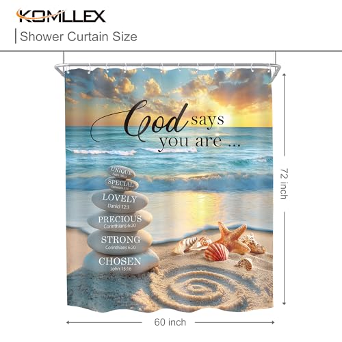 KOMLLEX Beach Christian Shower Curtain 60Wx72H Ocean Bathroom Decor Hawaiian Coastal Bible Verse Sea Waves Stone Scripture Starfish Shell Motivational Quotes Fabric Waterproof Polyester 12 Pack Hooks - Image 5