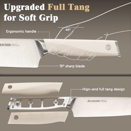 Image of Astercook Knife Set Kitchen with Block and Sharpener Premium Full Tang 17 Pcs German Stainless Steel Knives Dishwasher Safe Kitchen Utensils Set with with and Anti-slip Ergonomic Handle, Cream White