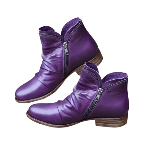 Women's Vintage Casual Short Ankle Boots Creped Leather Pointed Toe Low Heels Booties Side Zipper Retro V Cut Combat Boots Purple