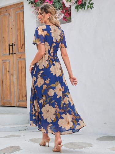 Image of Simplee Women's Boho Floral Maxi Dress Flowy Casual V Neck Short Sleeve Wedding Guest Holiday Beach Long Dress