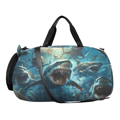 YETTASBIN Sport Travel Duffel Bag for Girls Boys, Shark Large Waterproof Weekender Overnight Bag, Detachable Shoulder Strap Gym Bag with Shoe Compartment & Wet Pocket2