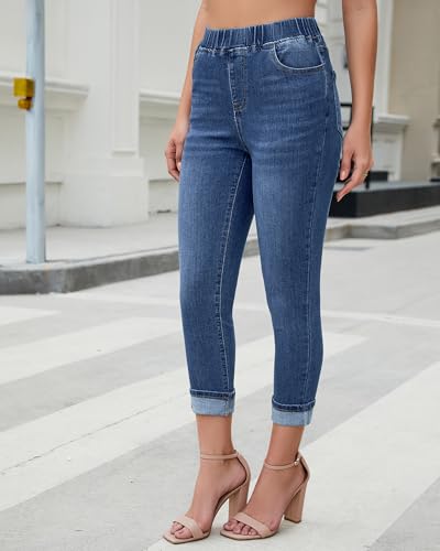 Vetinee Capris Jeans for Women High Waisted Pull On Elastic Waist Skinny Stretchy Denim Capri Pants Rolled Cropped Jeans4