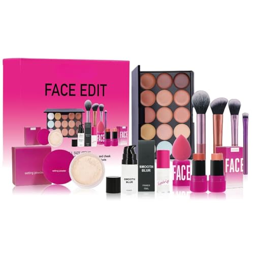 All in One Makeup Set 15 Colors Concealer Palette Face Setting Powder Primer makeup Lotion Glitter Shine Lipstick Puff Oval Brush 4Pcs Brush Full Cosmetics Makeup Kit Xmas Make up Gift for Women