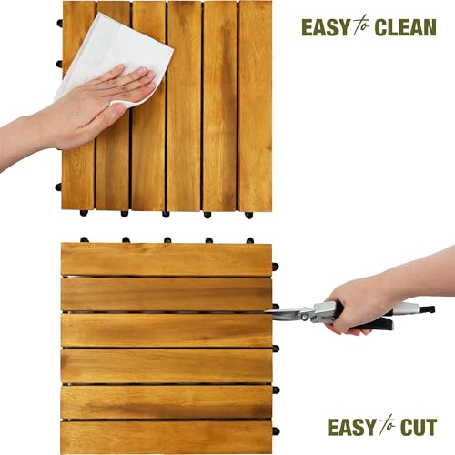 Image of Premium Acacia Wood Interlocking Deck Tiles, 9 PCS 12 inchx12 inchx0.9 inch Floor Tiles, Waterproof Wood Flooring for Backyard & Outdoor Patio Decor, All Weather Use (Golden Teak - Striped Pattern)