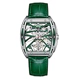 Guanqin Reloj de pulsera mecánico de doble cara con esfera de esqueleto y cuerda automática, cristal de zafiro, de doble cara, hueco, impermeable, luminoso, con forma de tonneau, verde, Clásico