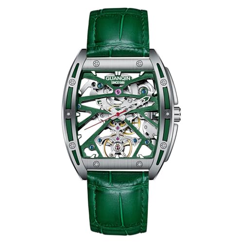 Guanqin Montre vintage pour homme à cadran squelette automatique à remontage mécanique avec bracelet en cuir, verre saphir, étanche, lumineuse, double face, creux, montre-bracelet business à forme